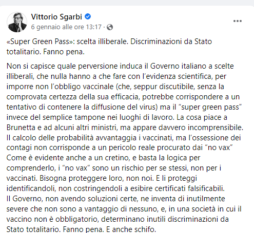 SUPER GREEN PASS, VITTORIO SGARBI  TUONA CONTRO IL DECRETO : "FANNO PENA E SCHIFO".