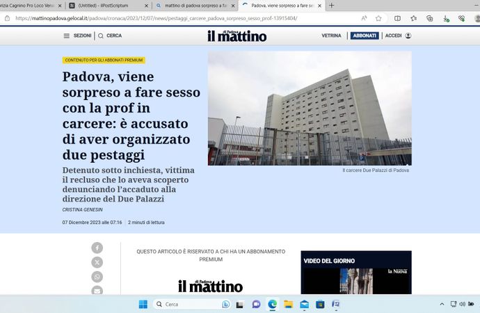 Avvocato Miraglia replica all'articolo: "Sorpreso a fare sesso con la Prof. in carcere" pubblicato in data odierna sul "Mattino di Padova"